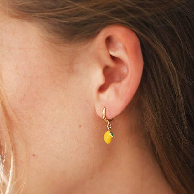 Enamel Lemon Huggie Hoop Earrings in Gold