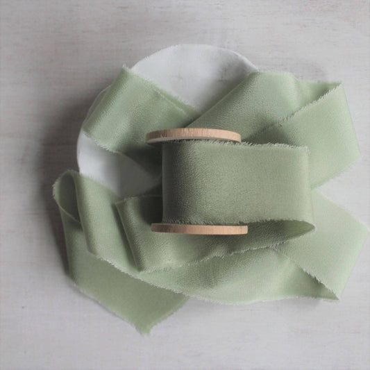 Sage Silk Crepe de Chine Ribbon Hand Torn