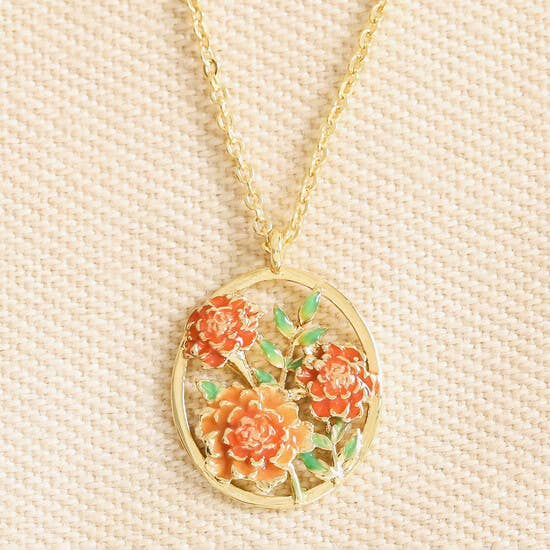 Enamel Oval Hoop Birth Flower Pendant Necklaces