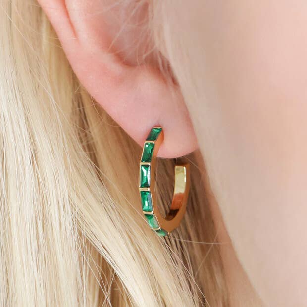 Green Baguette Crystal Hoop Earrings in Gold