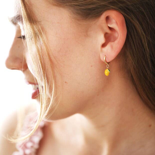 Enamel Lemon Huggie Hoop Earrings in Gold