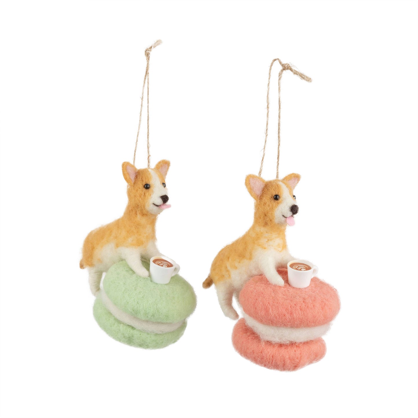 A12781: 2 Asst felt dog,macaroon,cof cup orn pink,pl grn,4in