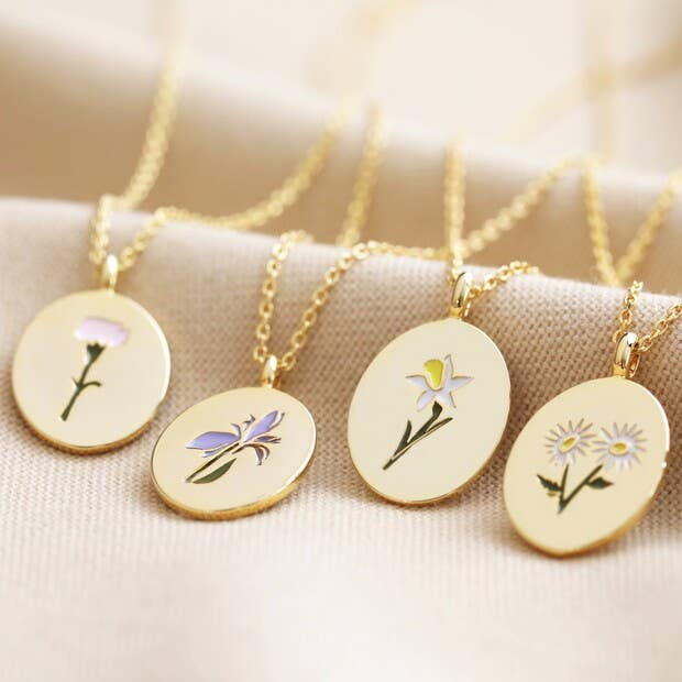 Enamel Birth Flower Necklace in Gold