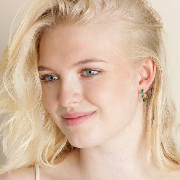 Green Baguette Crystal Hoop Earrings in Gold