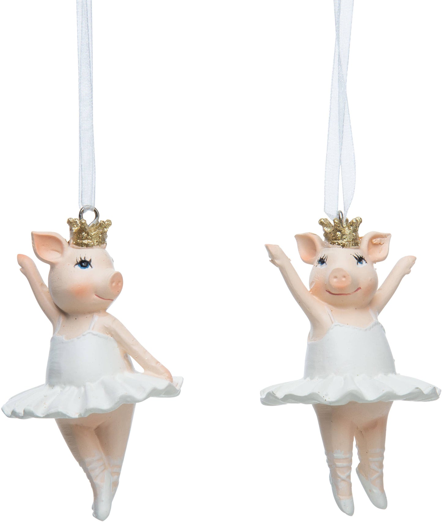 A73109: 2 Asst ballerina pig orns,gld glit crowns,3in