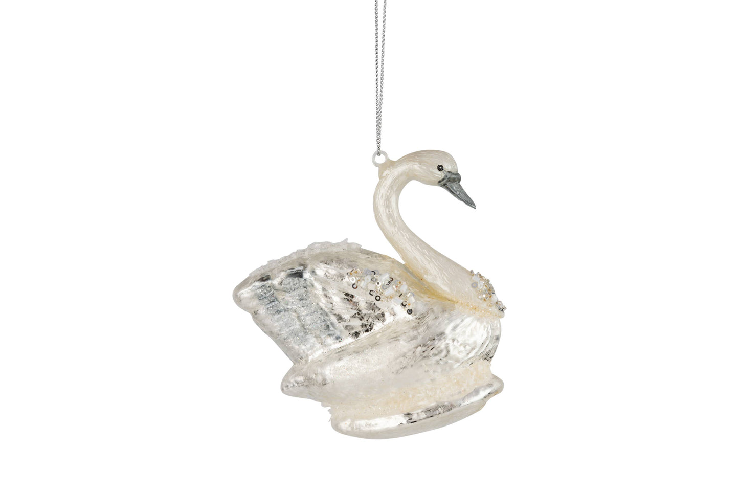 A45368: Glass swan orn pale slv,3.75in
