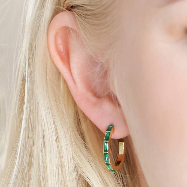 Green Baguette Crystal Hoop Earrings in Gold