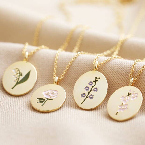 Enamel Birth Flower Necklace in Gold