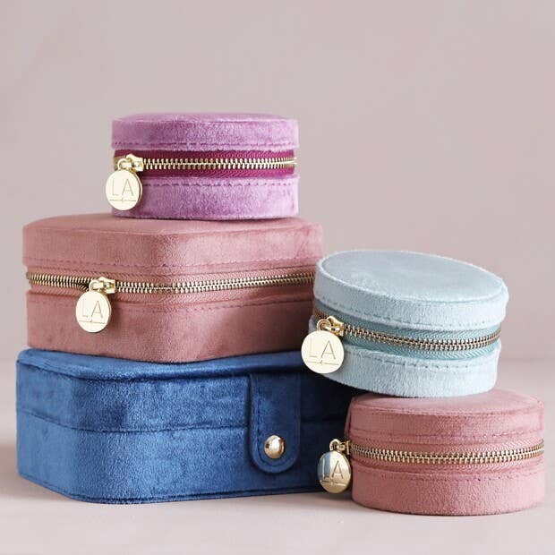 Rose Pink Velvet Round Travel Jewellery Case