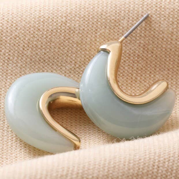 Mint Green Organic Resin Hoop Earrings in Gold