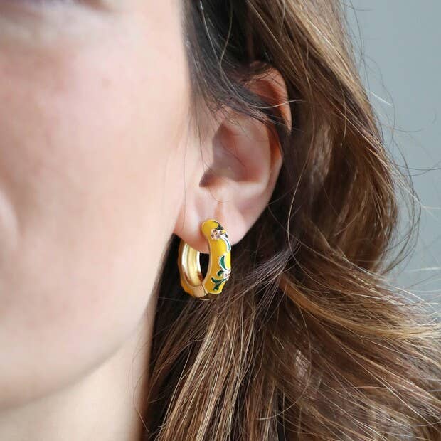 Mustard Cloisonné Hoop Earrings in Gold