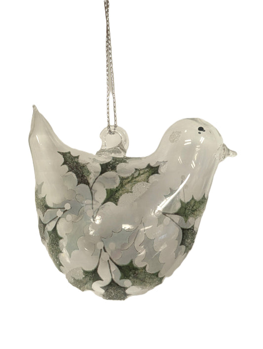 G74237: Clear glass bird orn,holly print,3in