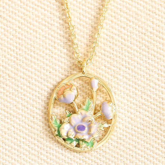 Enamel Oval Hoop Birth Flower Pendant Necklaces