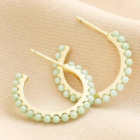 Green Stone Hoop Earrings in Gold