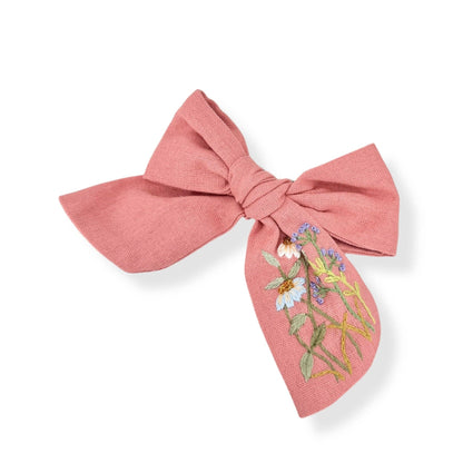 Salmon Pink Hand-Embroidered Linen Bow