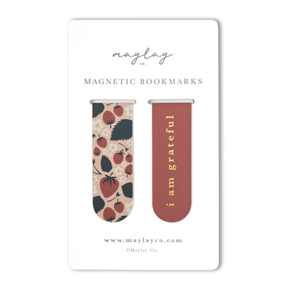 Strawberries Floral "I Am Grateful" Magnetic Gold Foil Bookmarks (Set of 2)