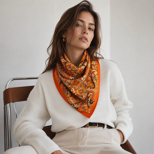 Orange Baroque Floral Silk Scarf | 100% Mulberry Silk