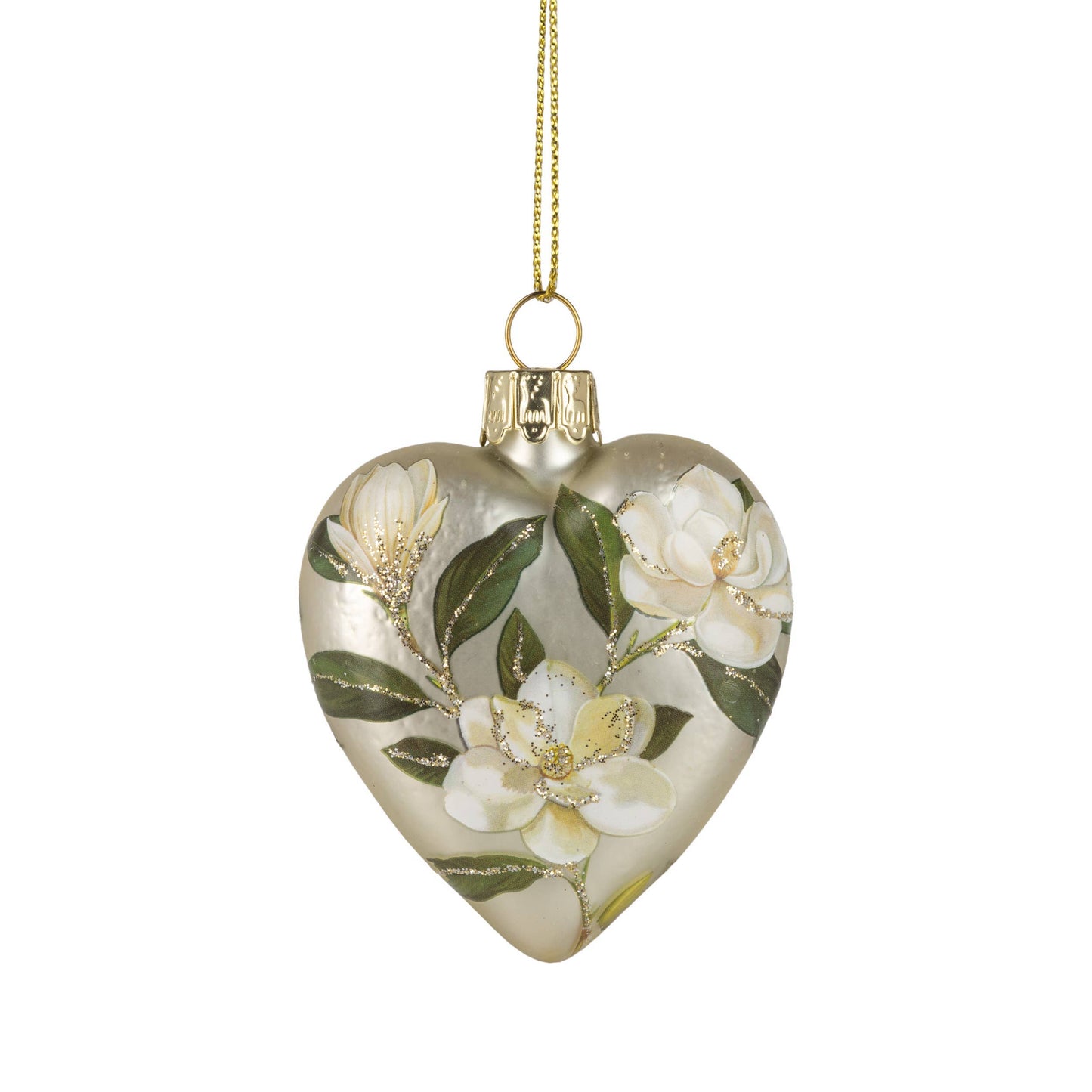 G74246: Glass heart orn,matte gld,magnolia print,2.5in