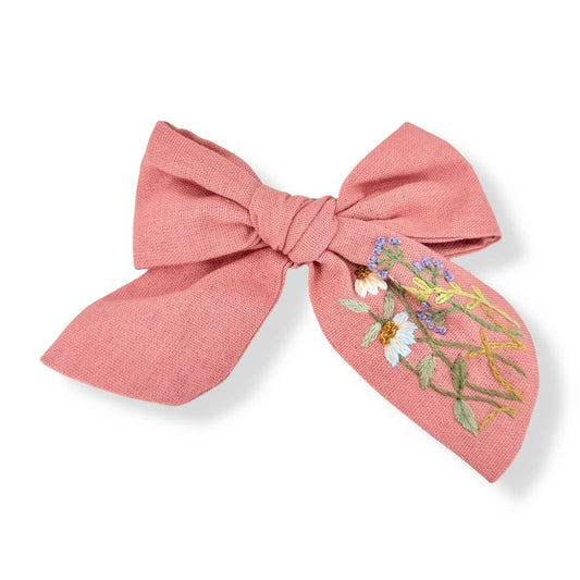 Salmon Pink Hand-Embroidered Linen Bow