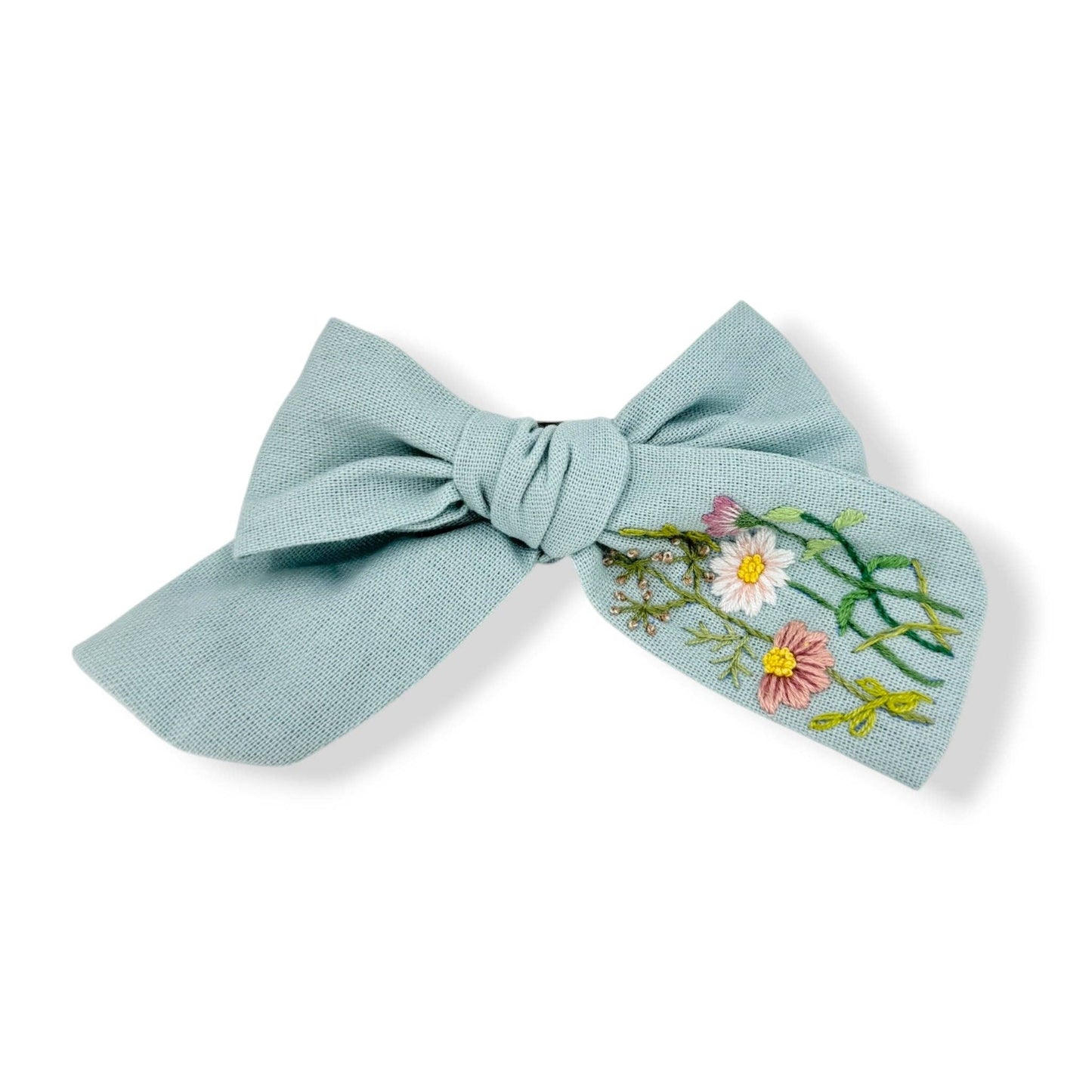 Serene Skies Hand-Embroidered Light Blue Bow | Soft Pink Floral