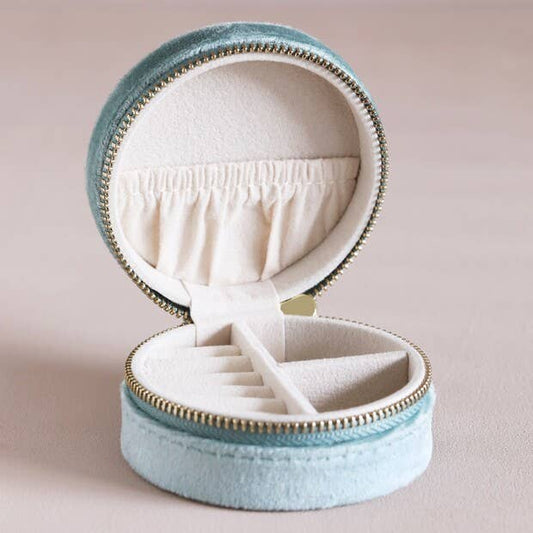 Mint Green Velvet Round Travel Jewellery Case