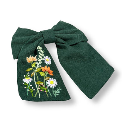 Emerald Green Hand Embroidery Hair Barrette | Orange & White Daisy
