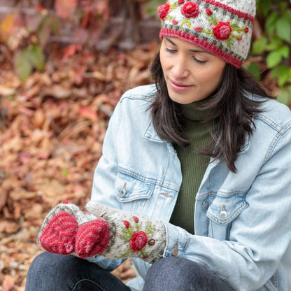 Aubrey Floral Embroidered Wool Flip Mittens | Handwarmer