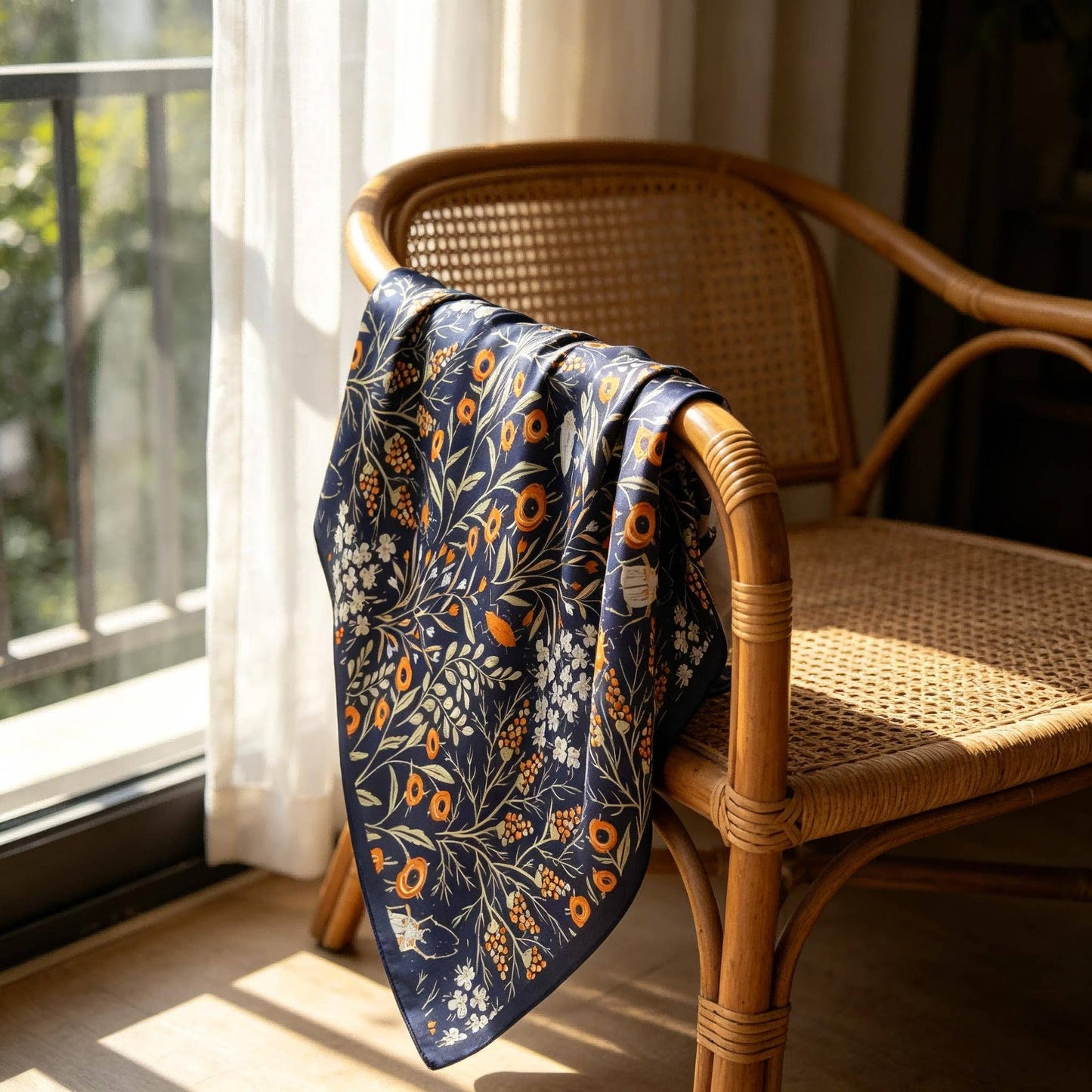 Navy Wildflower Silk Scarf | 100% Mulberry Silk