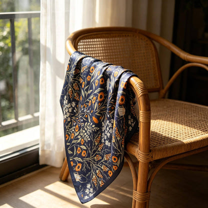 Navy Wildflower Silk Scarf | 100% Mulberry Silk