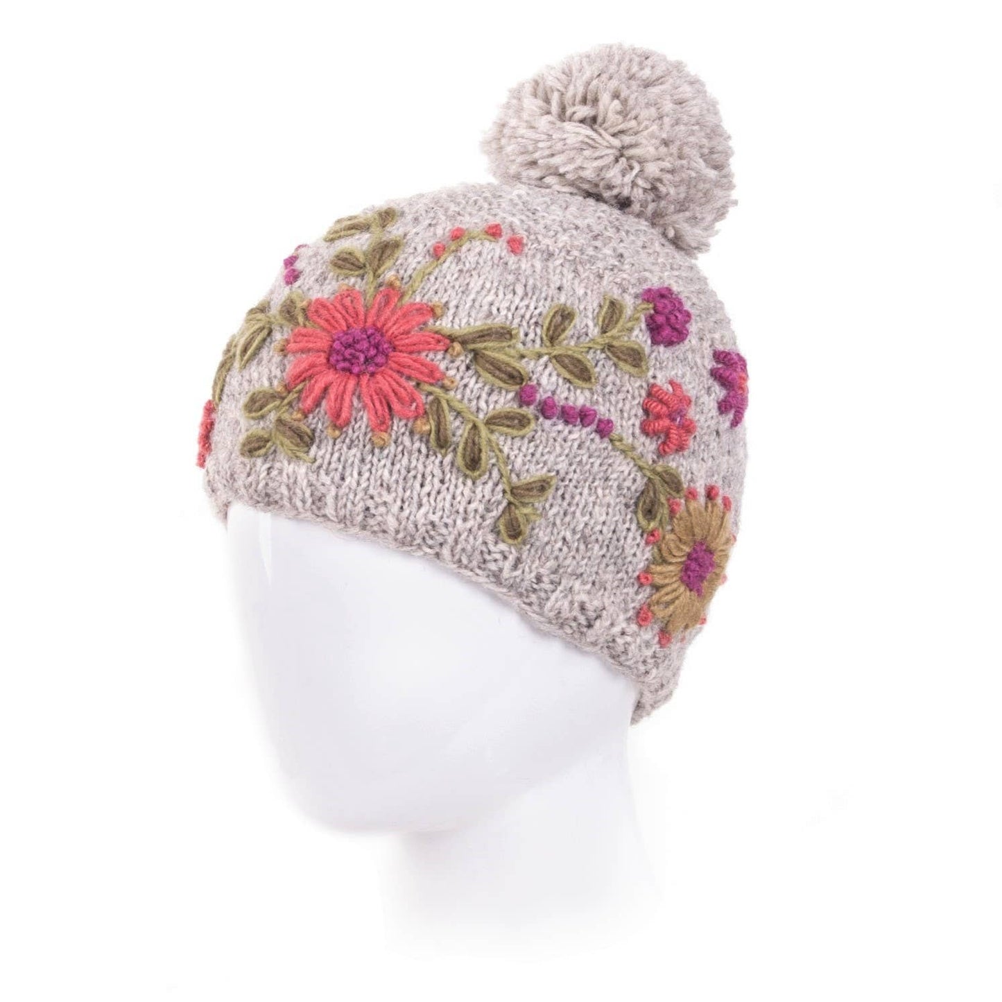 Olivia Hand-Embroidered Wool Hat with Pom