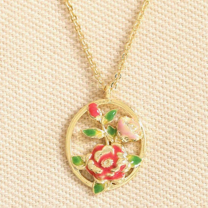 Enamel Oval Hoop Birth Flower Pendant Necklaces