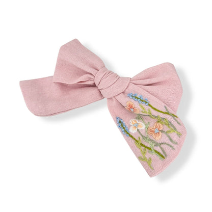 Pink Cloud Hand-Embroidered Baby Pink Bow | Soft White Floral