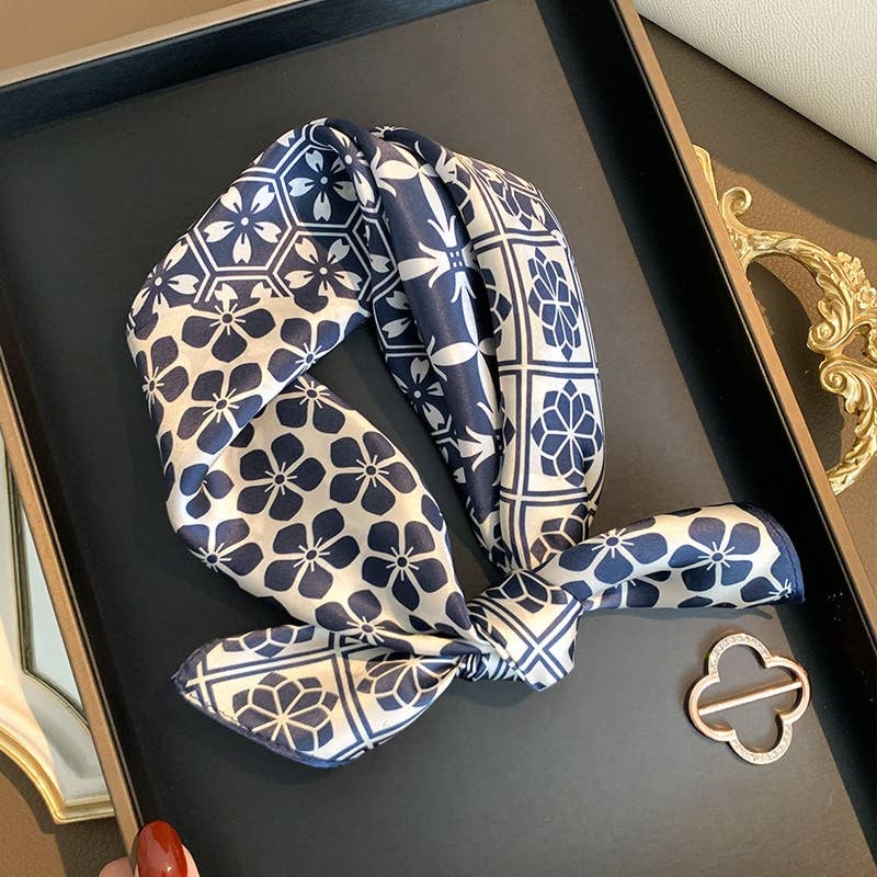 100% Mulberry Silk | Blue Tile Floral Square Scarf