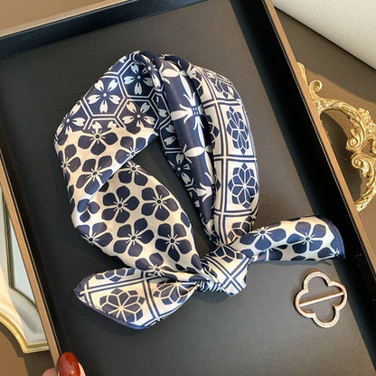 100% Mulberry Silk | Blue Tile Floral Square Scarf