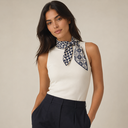100% Mulberry Silk | Blue Tile Floral Square Scarf