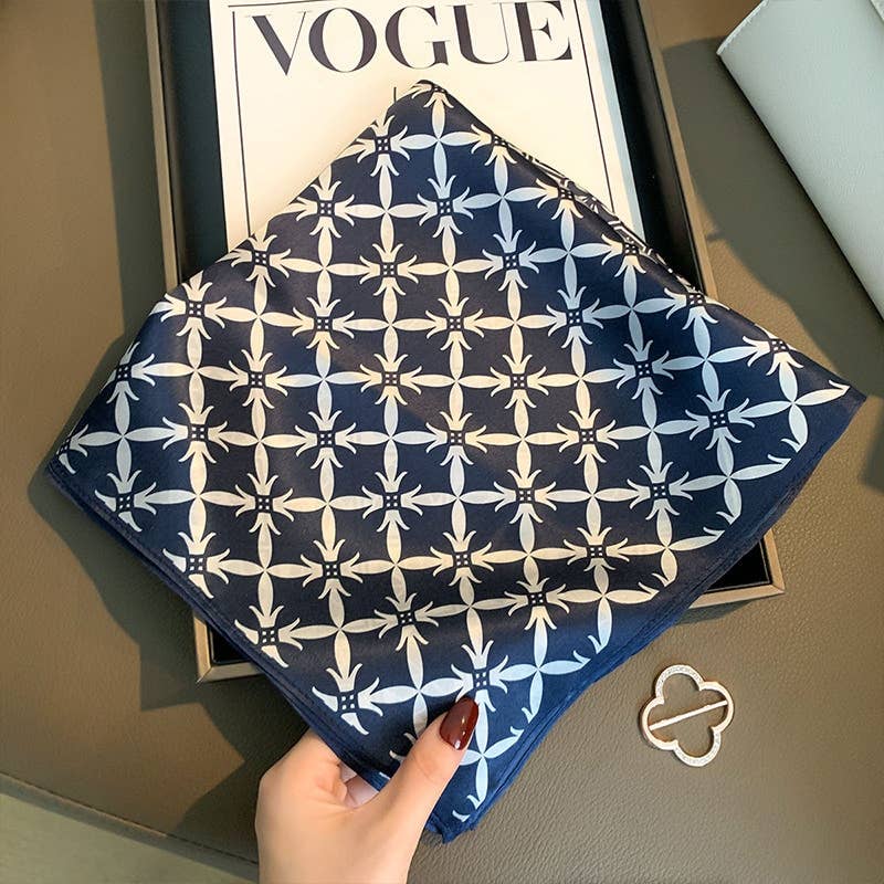 100% Mulberry Silk | Blue Tile Floral Square Scarf