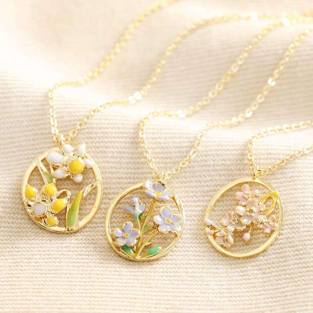 Enamel Oval Hoop Birth Flower Pendant Necklaces