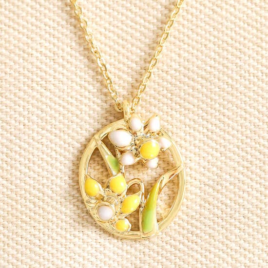 Enamel Oval Hoop Birth Flower Pendant Necklaces