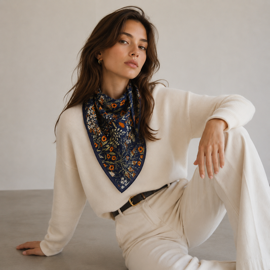 Navy Wildflower Silk Scarf | 100% Mulberry Silk