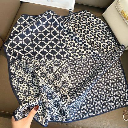100% Mulberry Silk | Blue Tile Floral Square Scarf