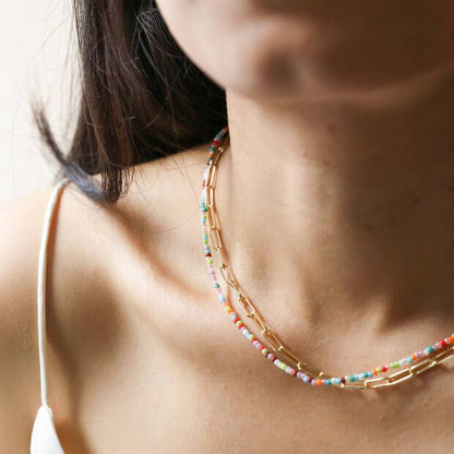 Rainbow Bead and Chain Layered Necklace in Gold