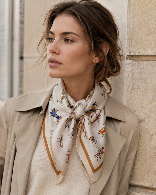 Ivory Horse Print Silk Scarf | 100% Mulberry Silk