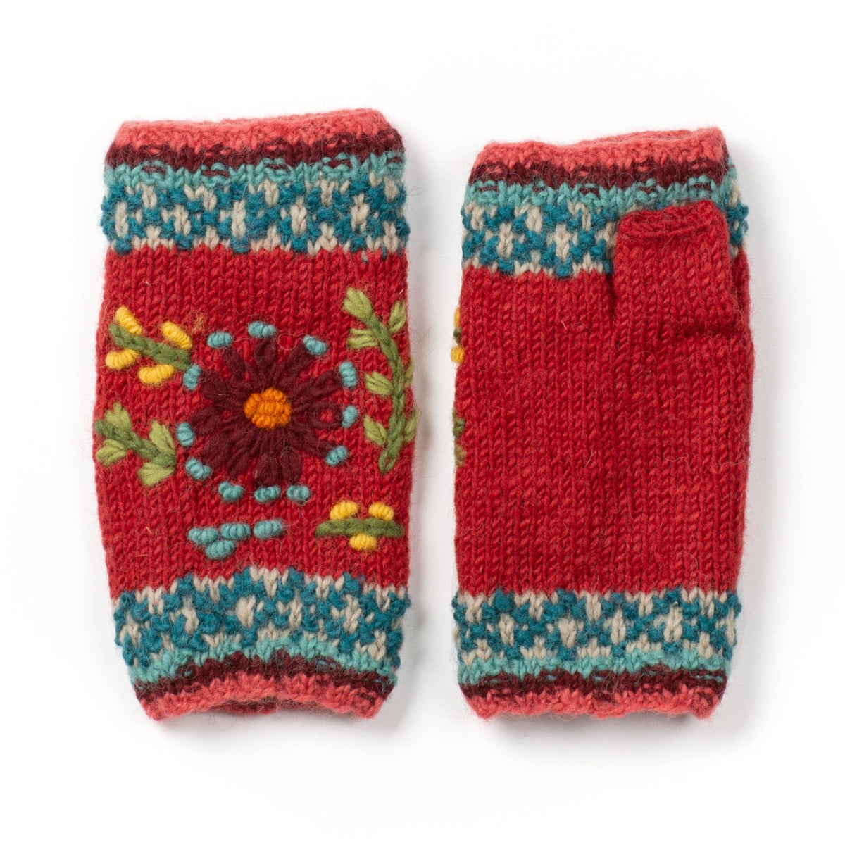 Abigail Hand Knit Wool Handwarmers with Floral Design