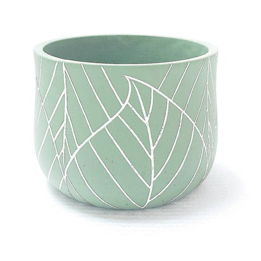 CONCRETE GREEN POT WHITE LEAF EMBOSS