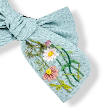 Serene Skies Hand-Embroidered Light Blue Bow | Soft Pink Floral