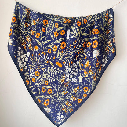 Navy Wildflower Silk Scarf | 100% Mulberry Silk