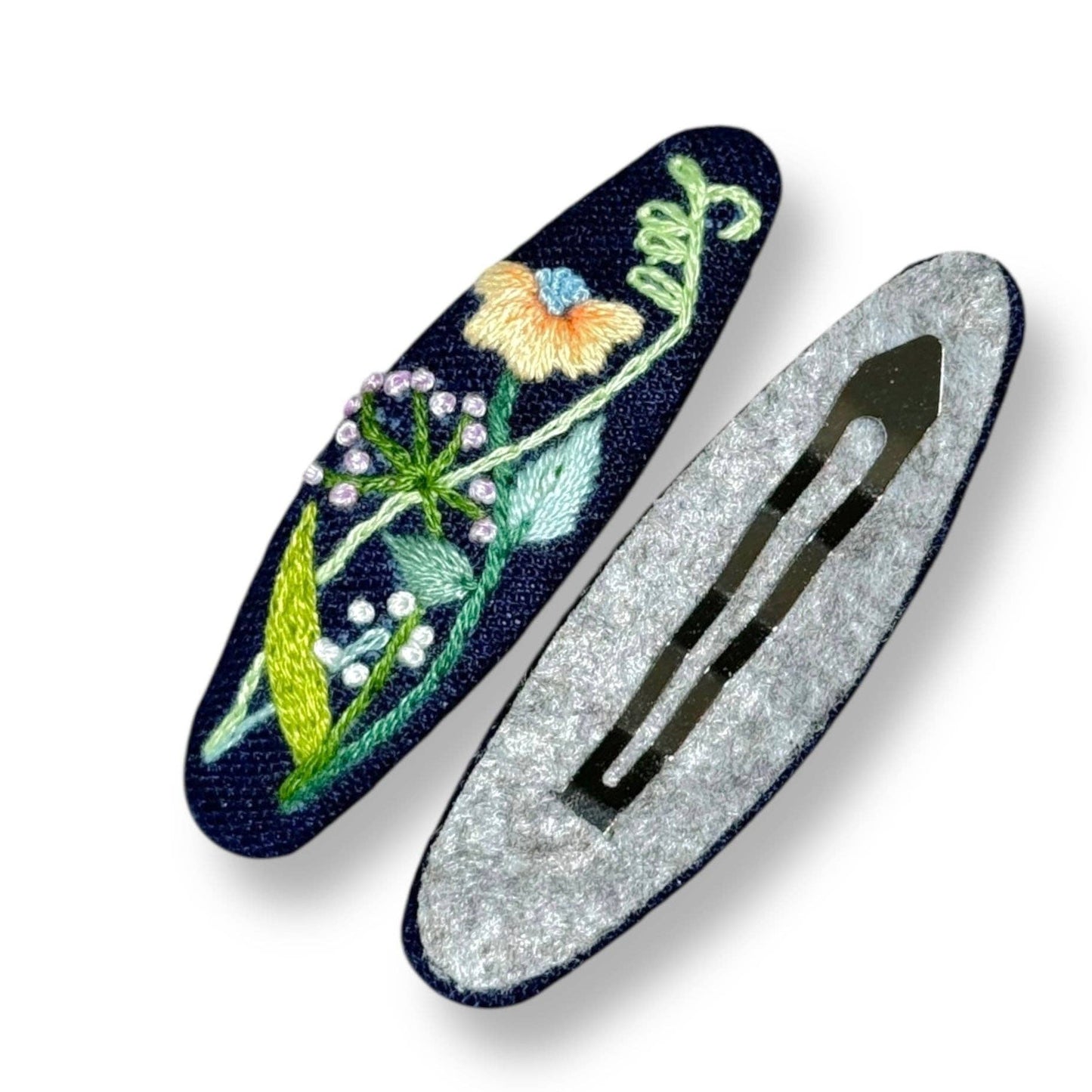 Orange Garden Hand Embroidered Dark Blue Hair Clips