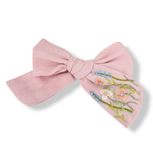 Pink Cloud Hand-Embroidered Baby Pink Bow | Soft White Floral
