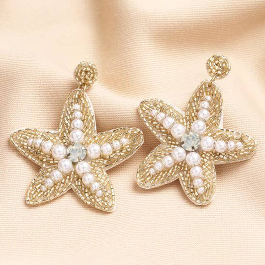 Beaded Gold & Pearl Starfish Earrings