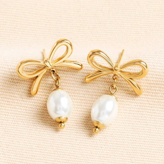 Stainless Steel Bow Pearl Drop Earrings in Gold